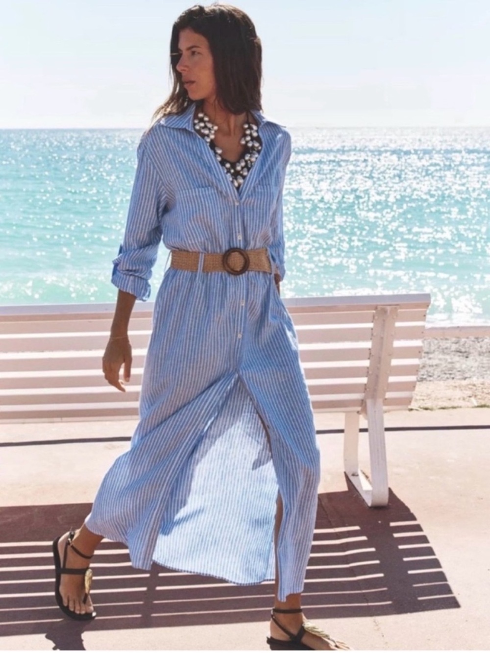 Falling Flower L Blue and White Striped Button-Up Tab Long Sleeve Shirt Dress